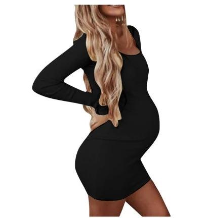 Maternity Winter Dress Long Sleeve O-Neck Soft High Elastic