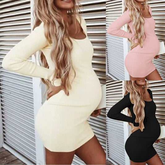 Maternity Winter Dress Long Sleeve O-Neck Soft High Elastic