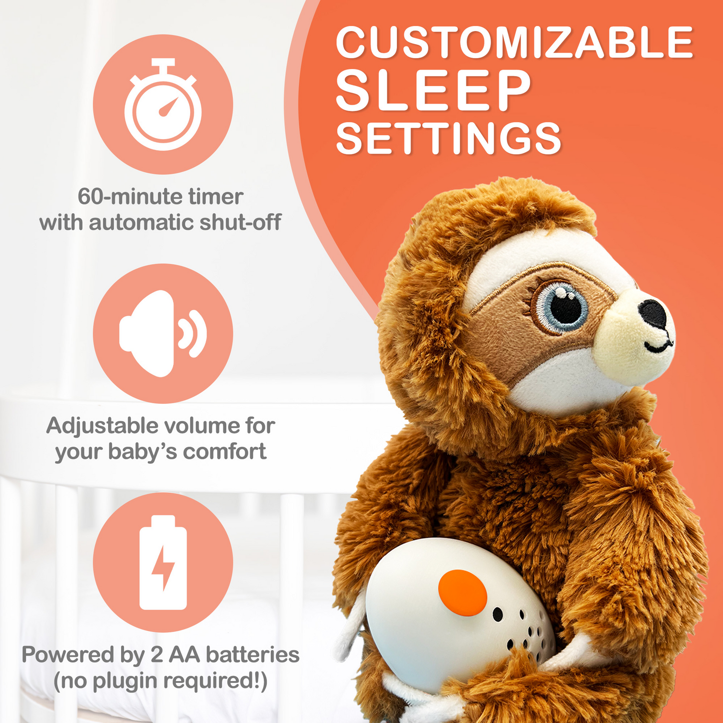 Baby Shusher Sloth Plush Sound Machine Soothing Toy for Babies