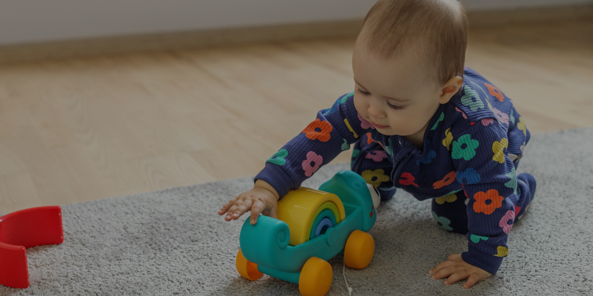 Baby playing with a toy on a carpeted floor

