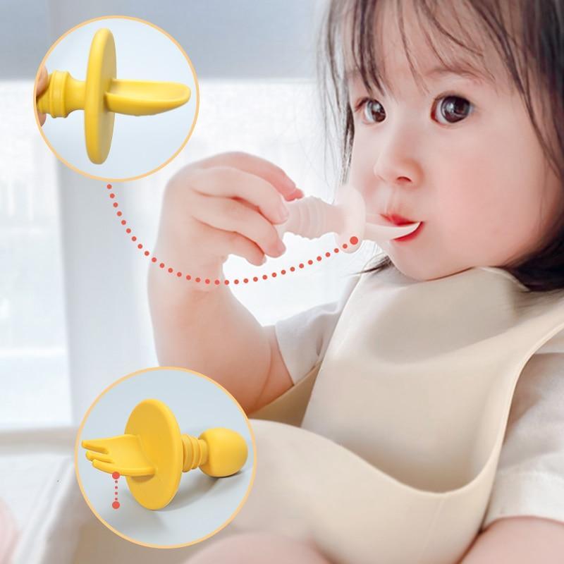 Big Baby Feeding Spoon and Fork Set Soft Silicone Flatware