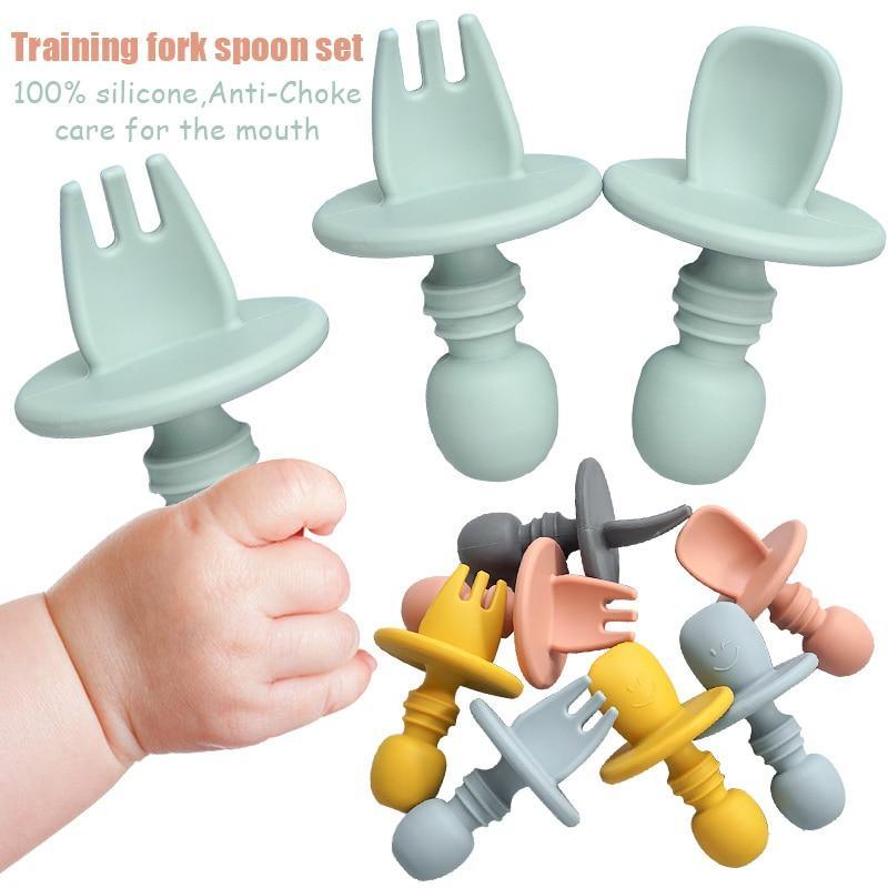 Big Baby Feeding Spoon and Fork Set Soft Silicone Flatware