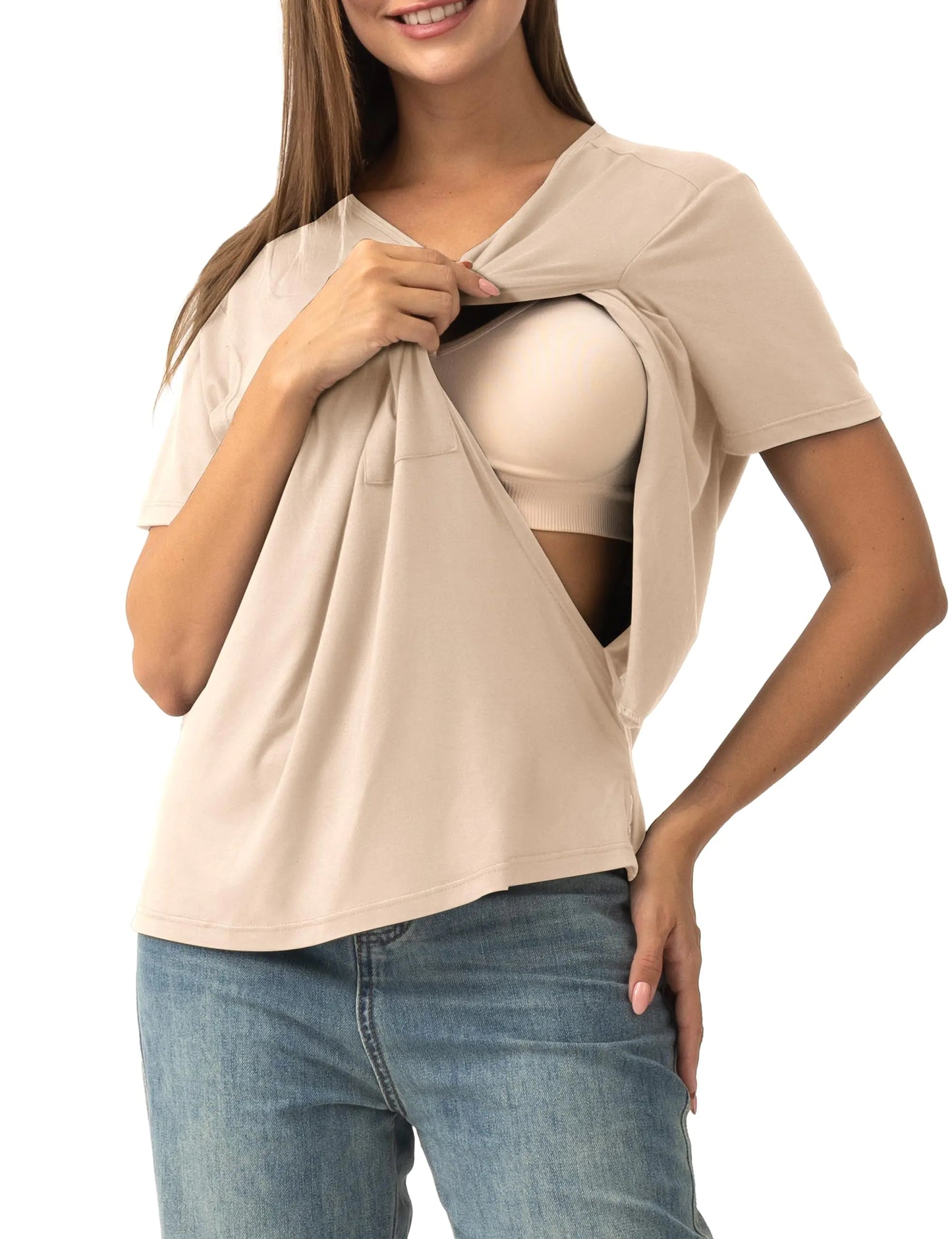 Women’s Nursing Top Short Sleeve Breastfeeding Tee Double Layer Apricot