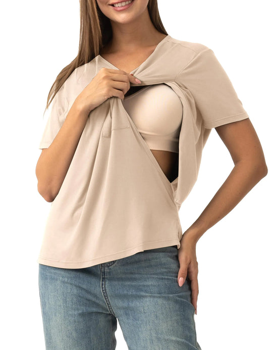 Women’s Nursing Top Short Sleeve Breastfeeding Tee Double Layer Apricot