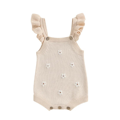 Baby Toddler Girls Knitted Romper Spring Summer Ruffles Floral Embroidery Flowers Jumpsuits Playsuits Clothes