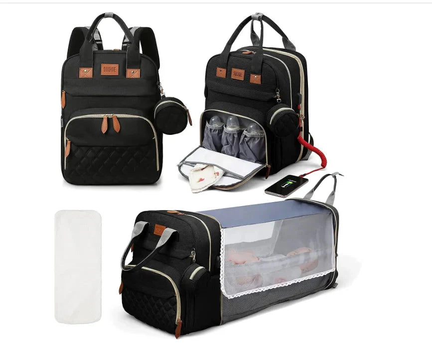 3 in 1 Diaper Bag Backpack with Foldable Baby Bed & USB