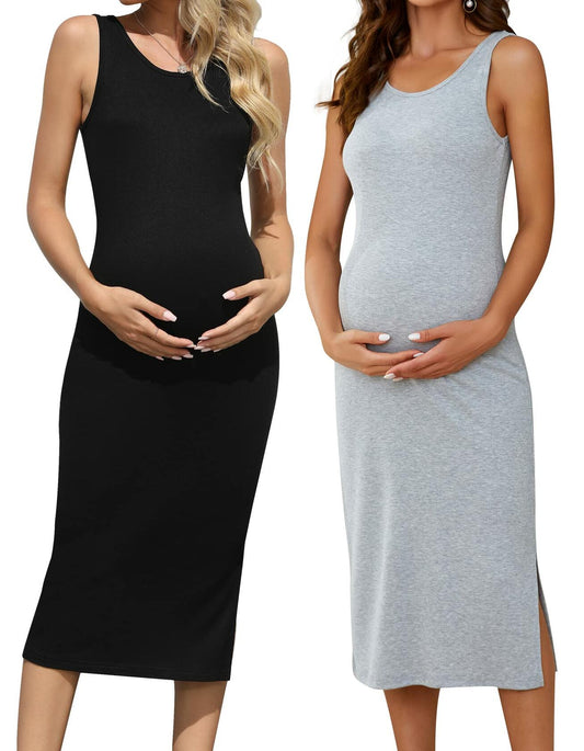 Brynmama 2 Pack Maternity Skirts Black Grey Sleeveless Side Split Midi Size M